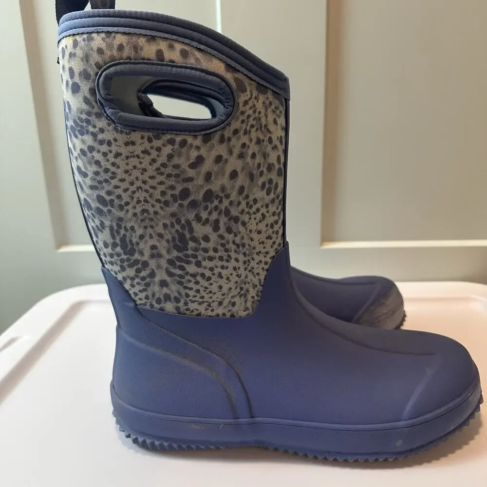 DSG Womens Size 7 Blue Leopard Print Tall Waterproof Rubber Rain Muck Boots